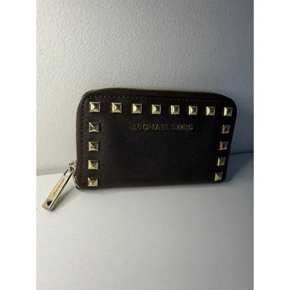 Michael Kors Saffiano Leather Studded Zip Around Wristlet Wallet Brown Gold